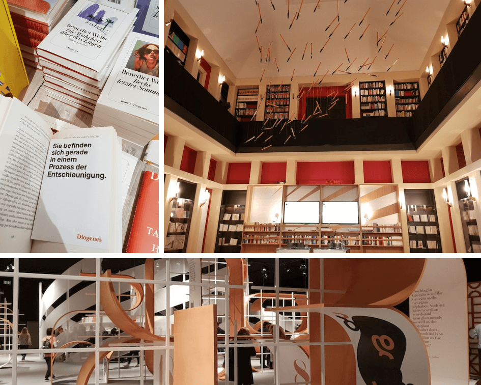 Collage aus Bilder der Buchmesse, einem Lesungssaal und Büchern